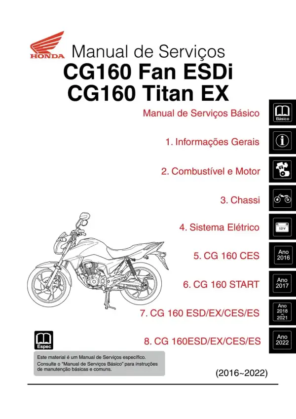 Manual De Serviços – Honda – CG 160 Titan – ES – ESD – EX – CES – Fan – ES – ESDi – Start – Cargo – 2016 – 2022