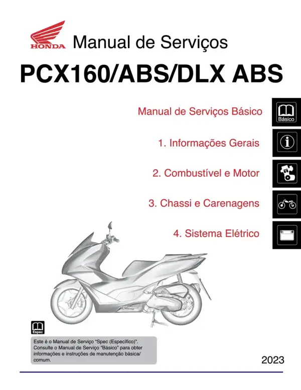 Manual De Serviços – Honda – PCX 160 ABS – DLX ABS – 2023