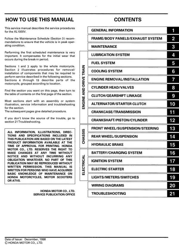Manual De Serviços – Honda – XL 1000V Varadero – 1998